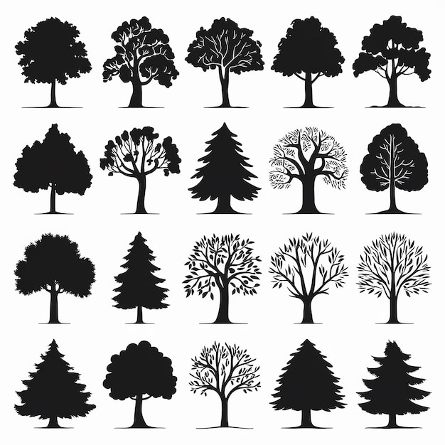 Silhouetted Tree Collection in Grid Layout Diverse Forms and Sizes Highlighted on White Background