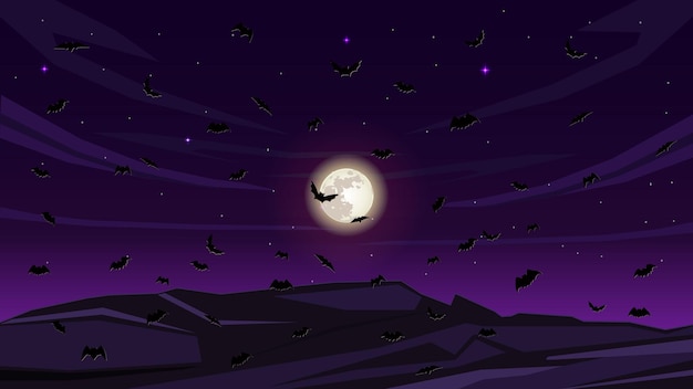 silhouettes bats flying in the moon night sky. Vector illustration