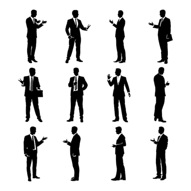 Silhouettes of Businessman in Various Poses Presentation Speaking Gesturing