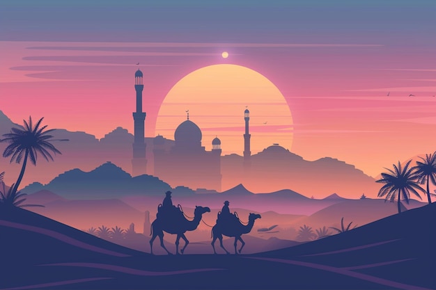 Vector silhouettes on camels in the desert