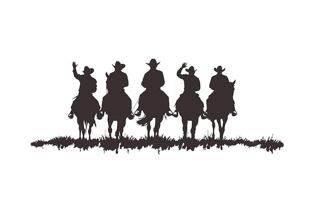 Vector silhouettes of cowboys riding horses on the prairie