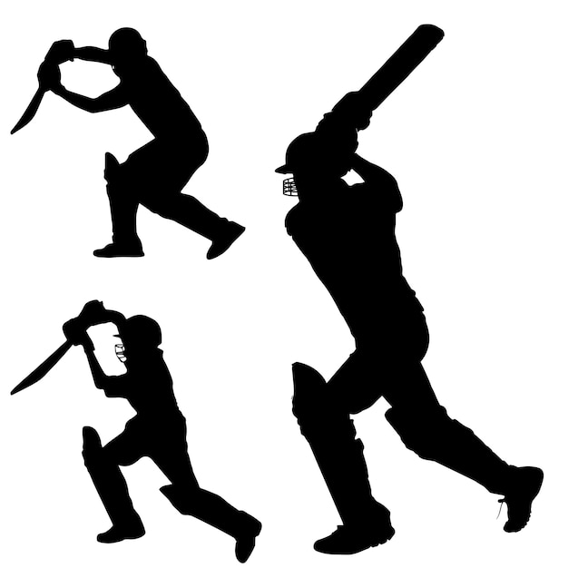 Silhouettes of cricket players with a bat and a helmet.