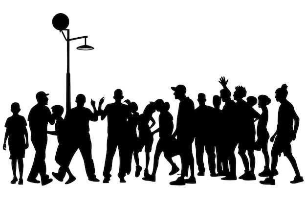 Vector silhouettes of crowds and community gatherings around street games