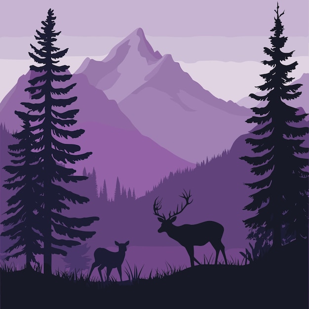 Vector silhouettes of deer and mountain range against a purple sky