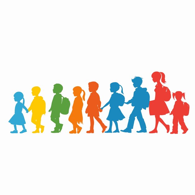 Vector silhouettes diverse children holding hands walking rainbow gradient colors represent unity