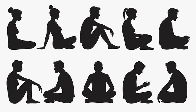 Silhouettes of diverse individuals in various seated and meditative poses