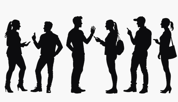 Silhouettes of diverse people interacting using smartphones