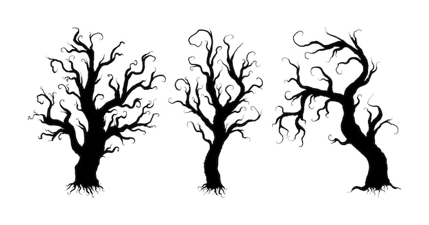 Vector silhouettes of eerie black trees for halloween including ghostly trees with sinister