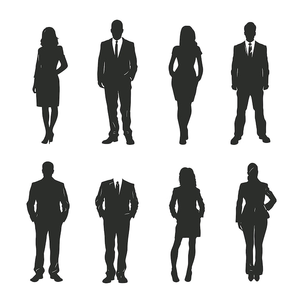 Silhouettes of eight business people in suits