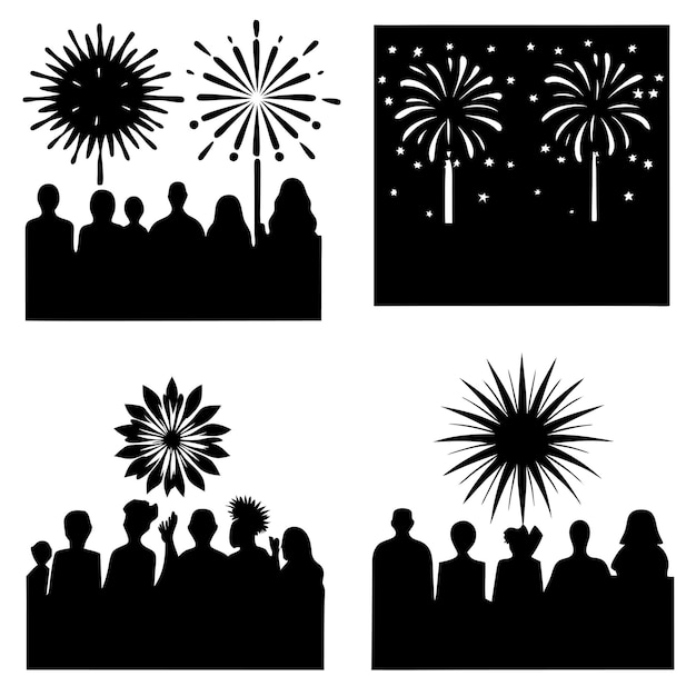 Vector silhouettes of enraptured crowds gazing at spectacular firework displays