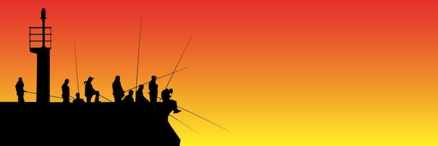 Silhouettes of fishermen with fishing rods on pier with lighthouse against the sunset Lots of people with long fishing rods with copy space