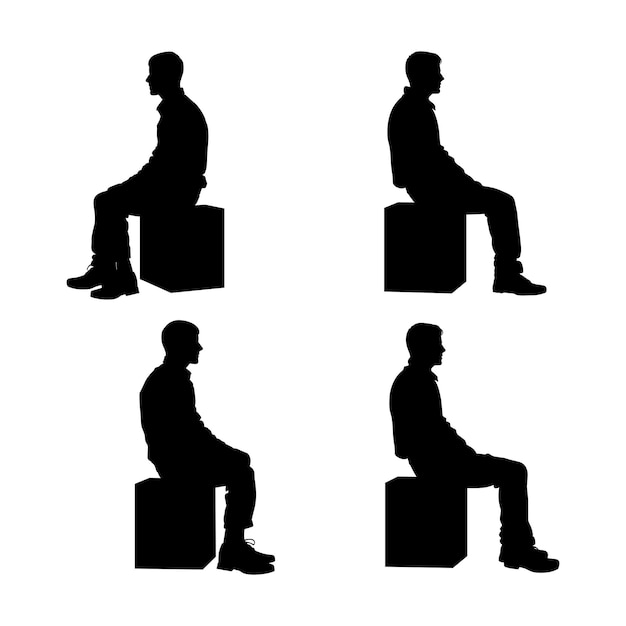 Vector silhouettes of four men sitting on cubes facing right isolated on white background