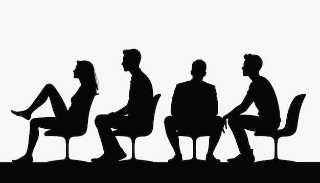 Silhouettes of four people sitting on chairs facing different directions