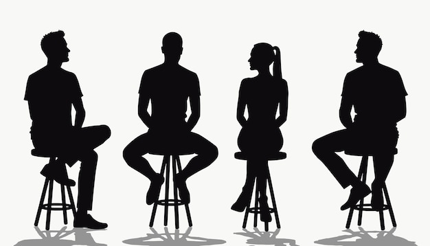 Silhouettes of four people sitting on stools in conversation