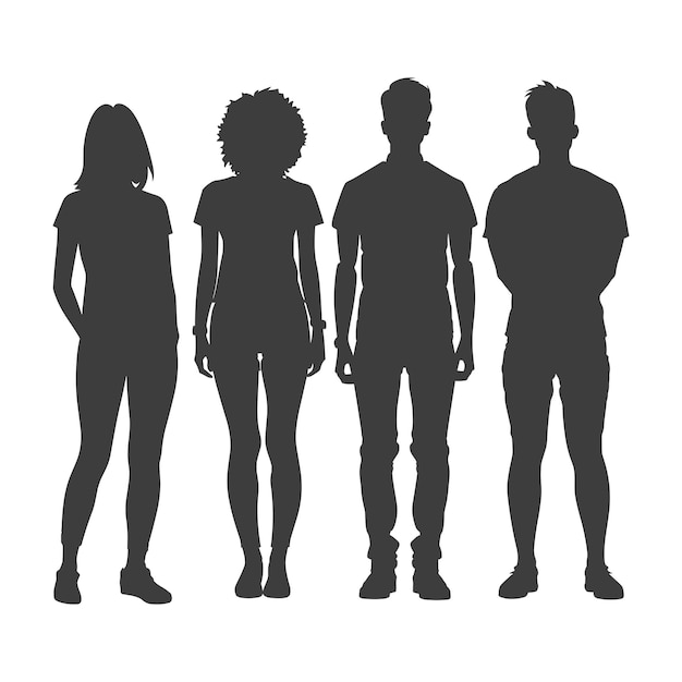 Silhouettes of four people standing together isolated on a white background