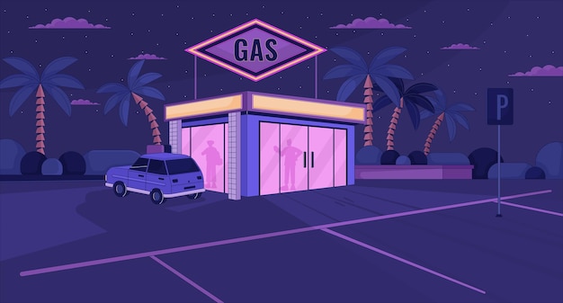 Silhouettes at gas station nighttime lofi wallpaper People inside convenience store 2D cityscape cartoon flat illustration Empty parking lot chill vector art lo fi aesthetic colorful background