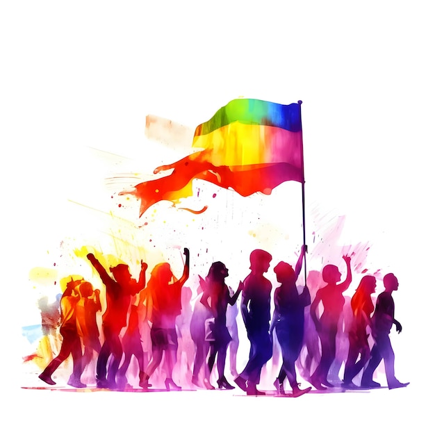 Silhouettes of a group of people with a rainbow LGBT flag