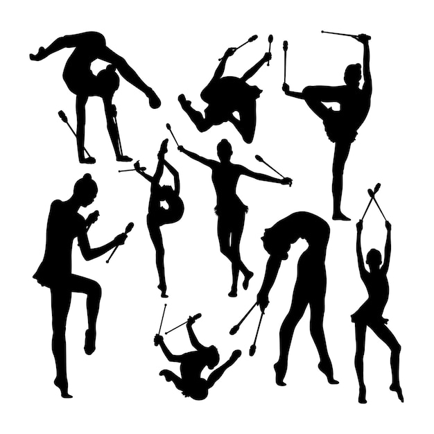 Silhouettes of gymnastics rhythmic performs with clubs