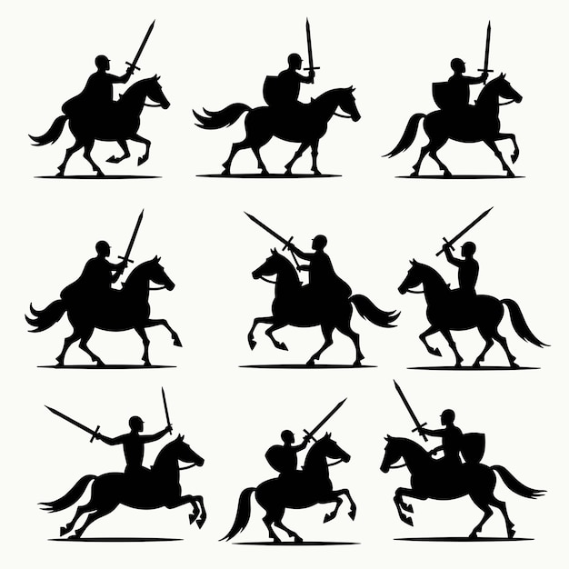 Vector silhouettes of knights on horseback wielding swords in various dynamic poses