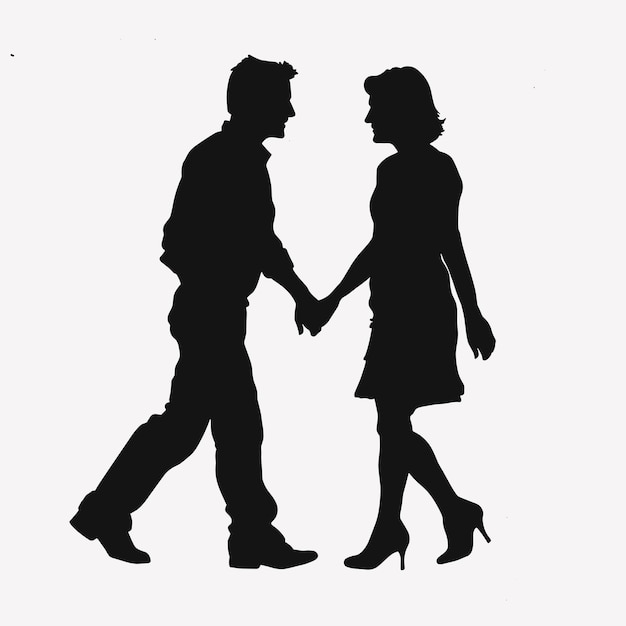 Silhouettes of a man and woman holding hands while walking