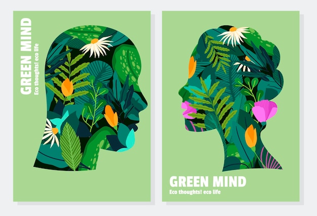 Silhouettes of man and woman, with flowers and vegetation inside them. Green thinking concept, card 