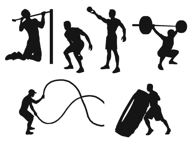 Silhouettes of man working out and crossfit training with different equipment isolated on white