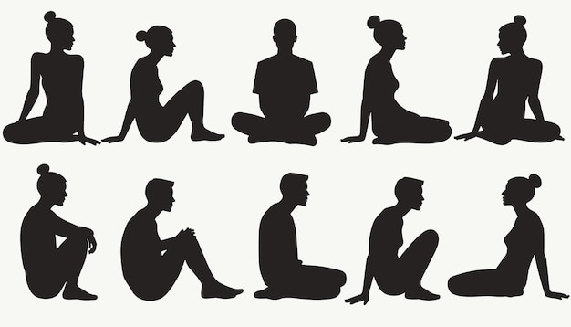 Silhouettes of men and women sitting in various poses on a neutral background