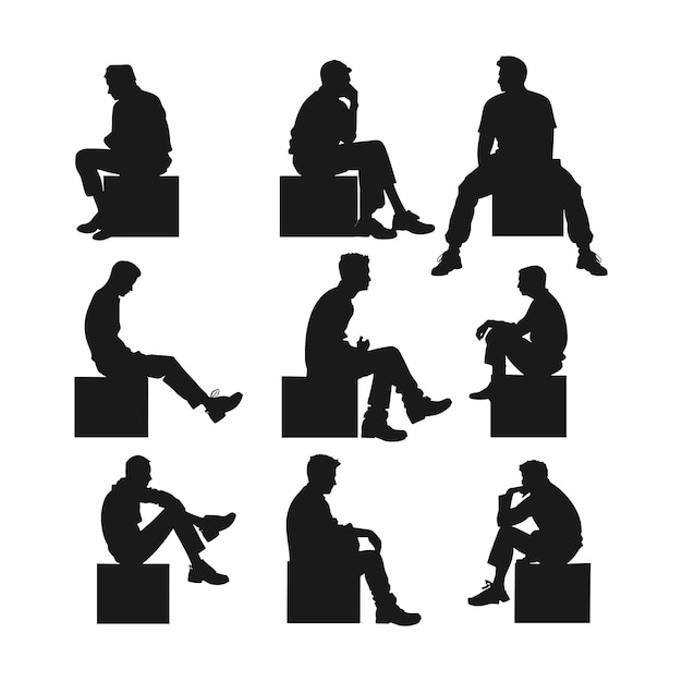 Vector silhouettes of nine men sitting in different poses perfect for animation design and illustration