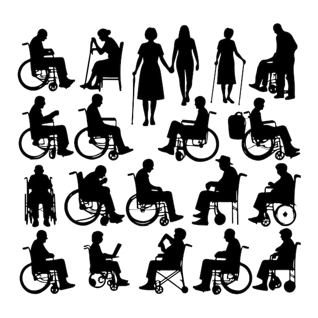 Silhouettes of old and disabled people on a white background