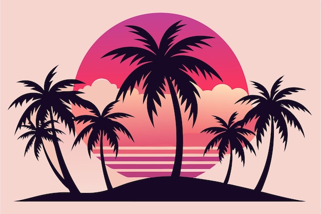 Silhouettes Of Palm Trees And Pink Sun Landscape Vector Illustration