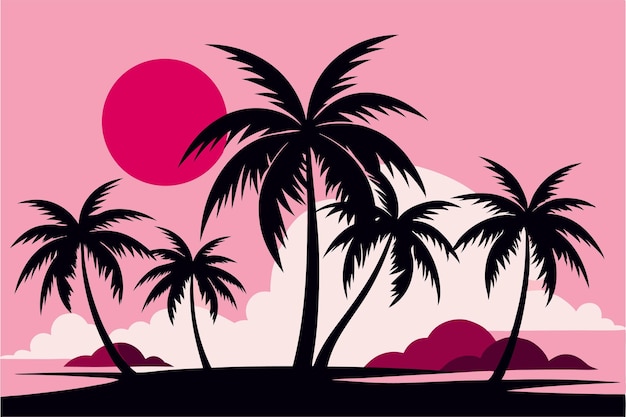 Silhouettes Of Palm Trees And Pink Sun Landscape Vector Illustration