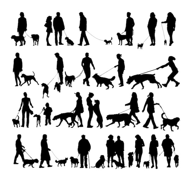 Silhouettes of people and dogs with one being a dog