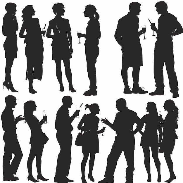 Silhouettes of people engaging in social interactions with drinks