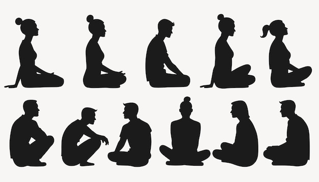 Silhouettes of people meditating in seated positions side and front views