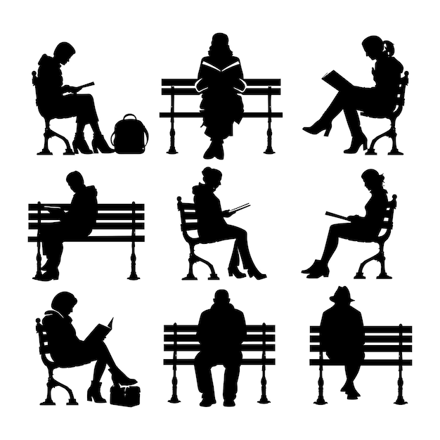 Silhouettes of people sitting on a park bench reading books