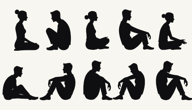 Silhouettes of people sitting in various poses expressing different emotions