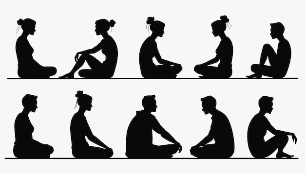 Silhouettes of people in various seated yoga poses on a white background