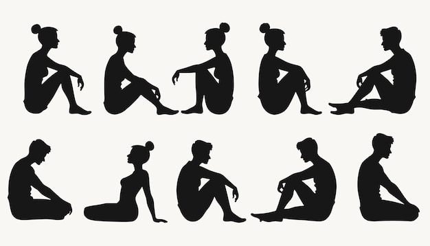 Vector silhouettes of people in various sitting poses on a plain background