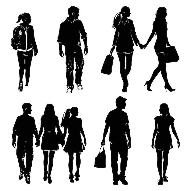 Silhouettes of people walking shopping and holding hands