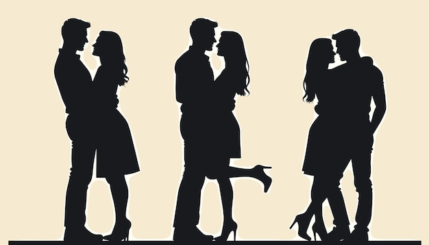 Vector silhouettes of a romantic couple embracing and kissing against a neutral background