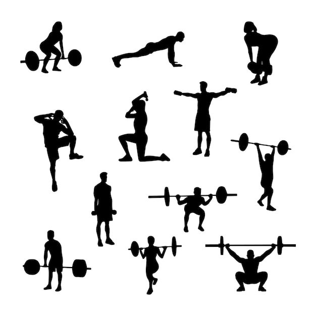 Silhouettes set of people doing crossfit