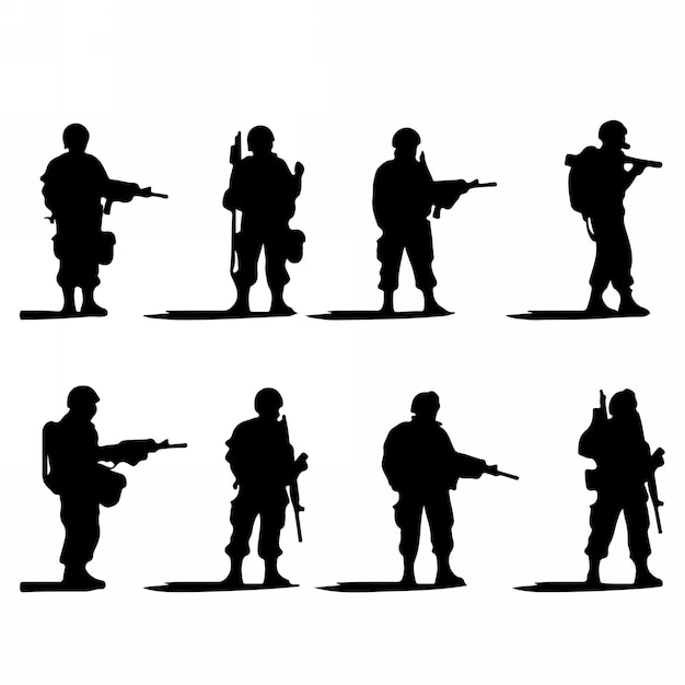 Silhouettes of soldiers with guns and backpacks