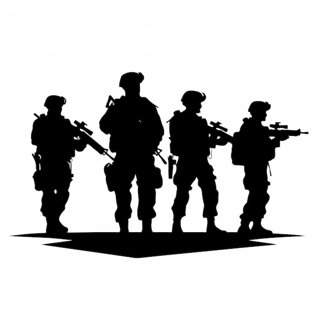 Silhouettes of soldiers with guns and backpacks