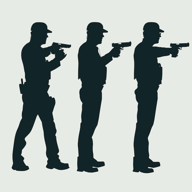 Silhouettes of three law enforcement officers aiming guns