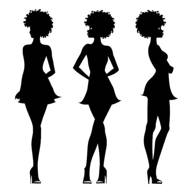 Vector silhouettes of three women in short dresses with afro hairstyles