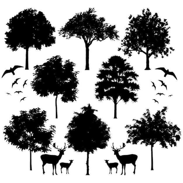 silhouettes tree animals forest