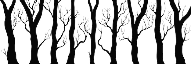 Silhouettes of trees tree trunks and branches isolated on white background