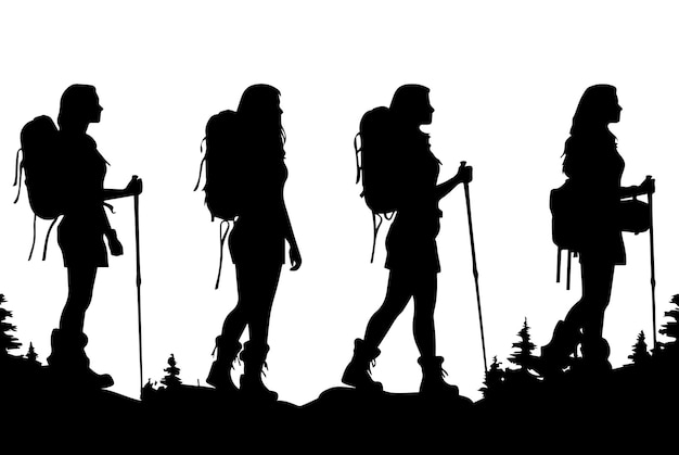 Silhouettes of a trekking woman vector on isolated white background