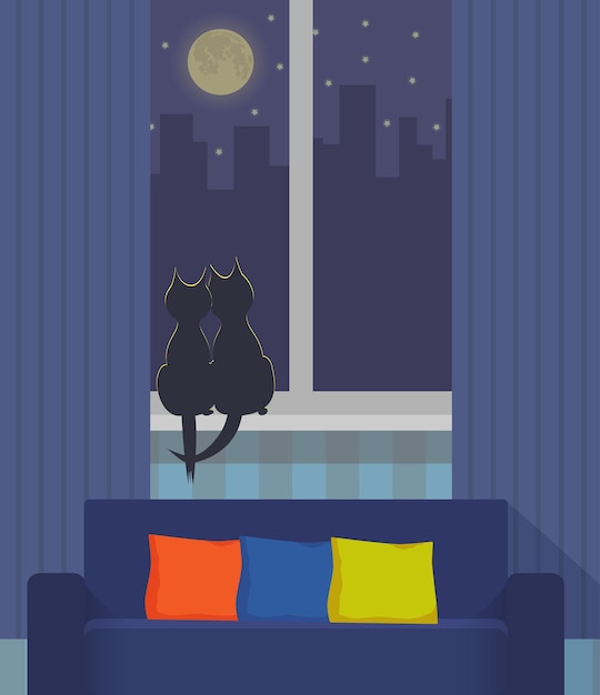 Vector silhouettes of two cats sitting on a windowsill under the light of the moon night city outside the window cozy interior with sofa and pillows in the foreground vector illustration