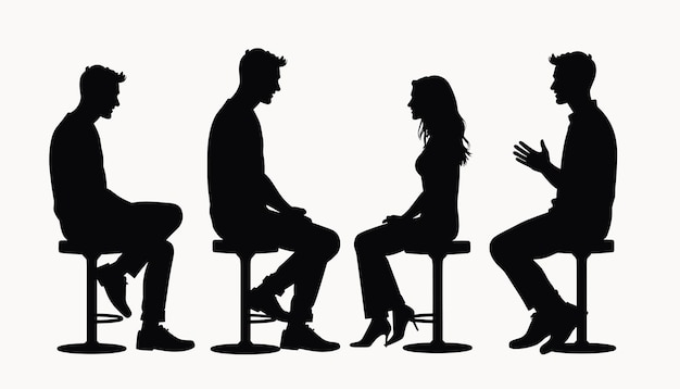 Silhouettes of two men and woman having a serious conversation on stools